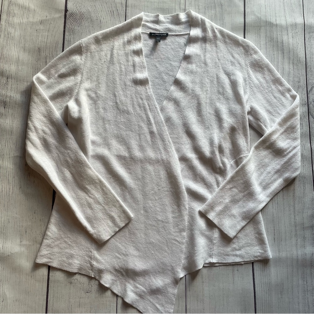 Eileen Fisher White Linen Open Cardigan Sweater Size Medium